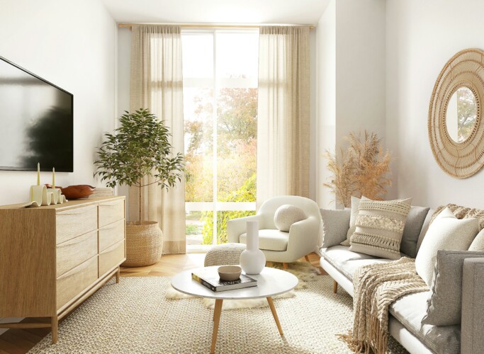 Bright living room with plants and natural light